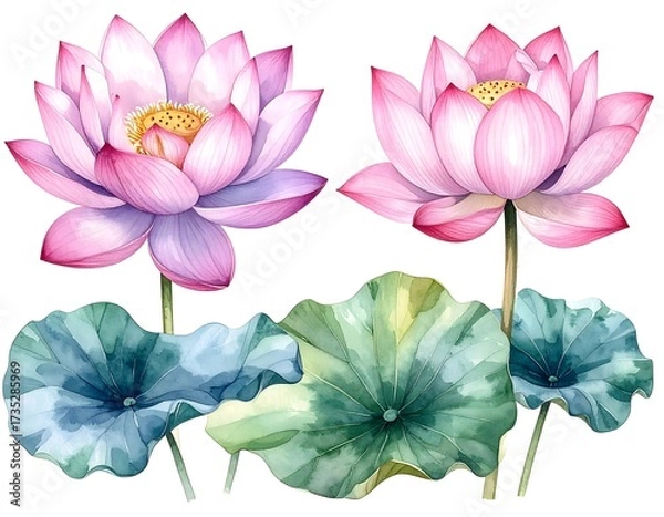 Obraz Two lotus flowers and leaves in soft watercolor style