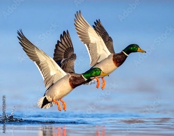 Obraz Two mallards taking flight over water