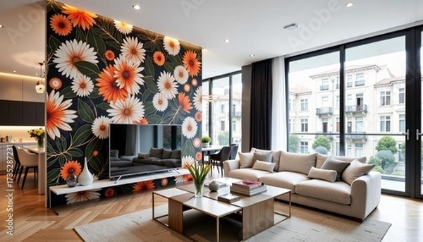 Fototapeta Modern open-concept living room with vibrant floral accent wall, large windows overlooking urban landscape, sleek furniture and natural light creating an inviting atmosphere