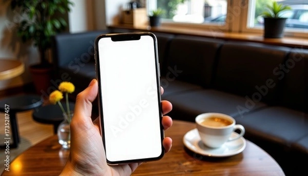 Fototapeta Person Holding Smartphone with Blank White Screen in Cozy Coffee Shop Setting with Cup of Coffee on a Wooden Table