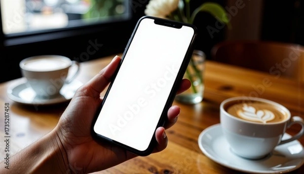 Fototapeta A blank smartphone screen held in hand over a wooden table with two cups of coffee and a single white flower in a small vase nearby in a cozy setting