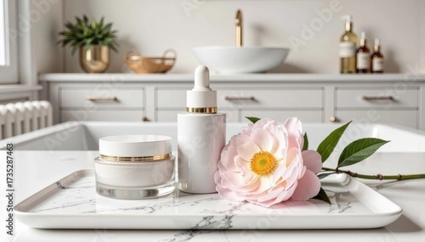 Fototapeta Elegant Vanity Tray Displaying Skincare Products with White Bottle, Cream Jar and Pink Flower in Modern Minimalist Bathroom Setting
