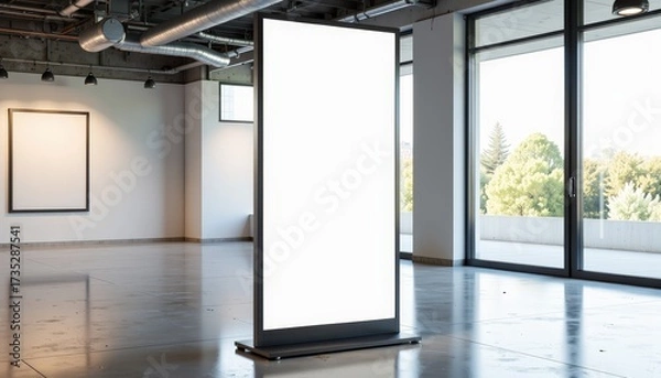 Fototapeta Modern art gallery interior featuring large digital display with natural light from expansive windows illuminating the minimalist exhibition space