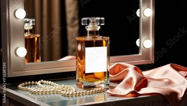 Fototapeta Elegant Glass Perfume Bottle on Dressing Table with Draped Silk Fabric and String of Pearls Reflecting Under Soft Vanity Lights