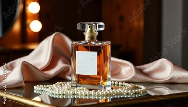 Fototapeta Luxurious glass perfume bottle displayed elegantly on a mirrored surface adorned with pearls and soft draped silk fabric, illuminated by soft ambient lighting
