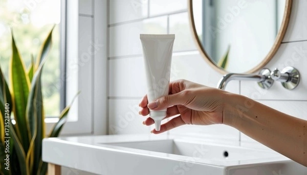Fototapeta Minimalist bathroom setting featuring a white tube being held in hand with a focus on the simplicity and elegance of modern interior design elements