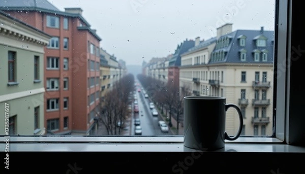 Fototapeta Cozy Morning View from a City Apartment Window Overlooking a Rainy Street with a Hot Cup of Coffee on a Windowsill and Classic Architecture