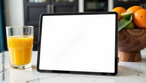Fototapeta Digital Tablet with Blank Screen on Marble Countertop Next to Refreshing Glass of Orange Juice and Bowl of Fresh Citrus Fruits in Modern Kitchen Setting