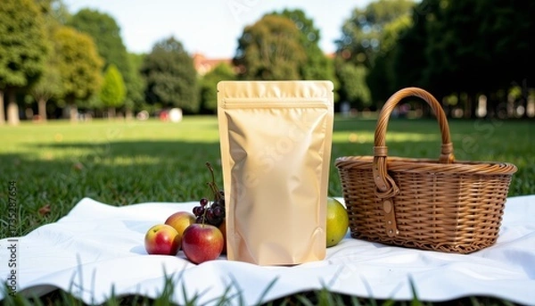 Fototapeta Golden pouch with fresh apples and grapes arranged on a white picnic blanket in a lush green park setting featuring a traditional wicker basket