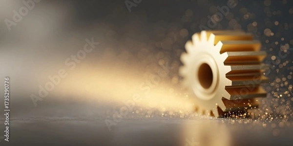 Fototapeta Dynamic spinning gear teeth under golden light industrial setting macro closeup detailed view mechanical concept