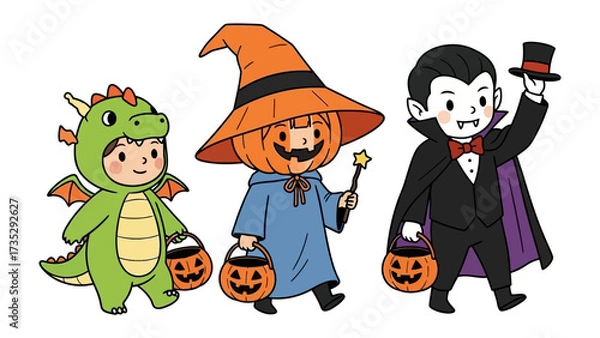 Fototapeta Whimsical Halloween Parade: Three playfully costumed figures, a friendly dragon, a cheerful jack-o'-lantern, and a dapper vampire, embark on a merry Halloween parade.