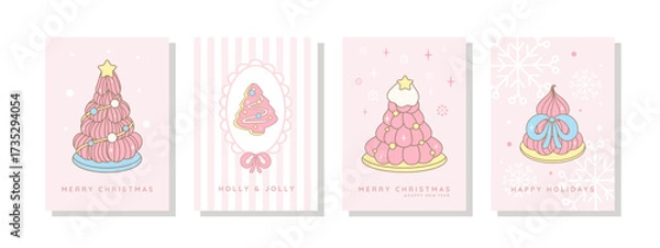 Obraz Merry Christmas and happy new year greeting cards with pastel whimsical Christmas tree cake vector illustrations. Perfect for holiday wishes and seasonal projects in a cute aesthetic.
