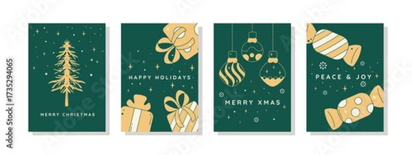 Obraz Set of Christmas greeting cards with gold illustrations on a dark green background. Features designs of a pine tree, gifts, ornaments, and candy. Perfect for holiday wishes and seasonal projects.