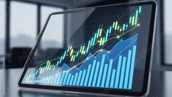 Fototapeta A digital tablet displays a vibrant, glowing financial chart with ascending bar and candlestick graphs, symbolizing successful stock market investment and business growth analysis.