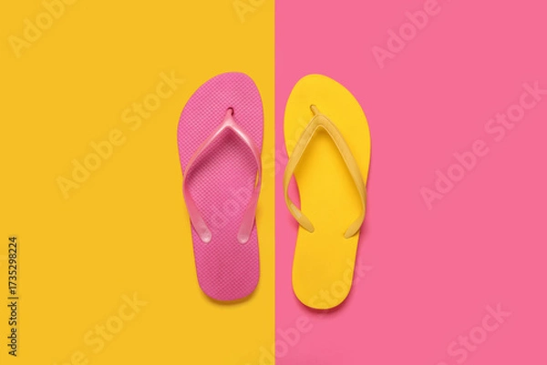 Fototapeta Composition with stylish flip-flops on color background