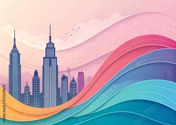 Fototapeta Abstract cityscape with colorful wavy background