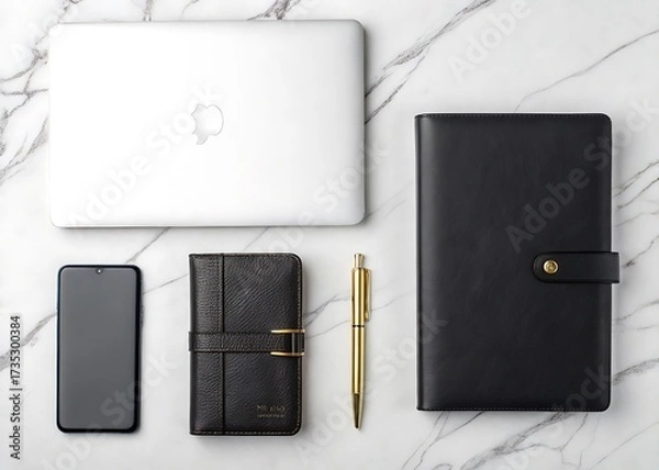 Fototapeta Modern business essentials arranged on a marble surface
