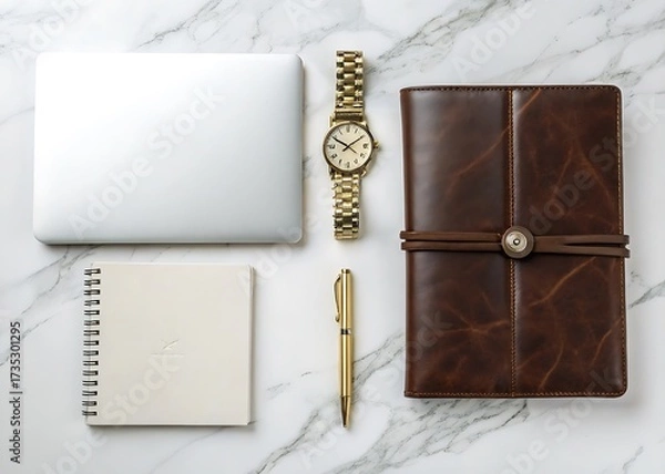 Fototapeta Minimalist flat lay of essential work and study items