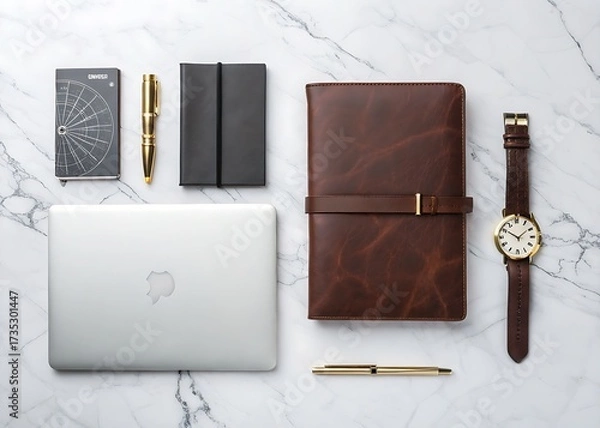 Fototapeta Flat lay of a modern workspace with a laptop journal and watch