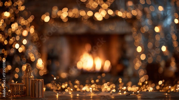 Fototapeta Warm Glowing Fireplace with Blurred Christmas Tree Lights and Golden Sparkles