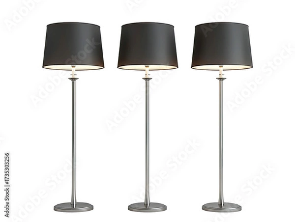 Fototapeta Three modern elegant floor lamps with black shades and silver stands isolated on transparent background
