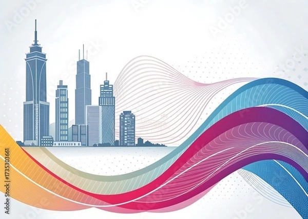 Fototapeta Modern cityscape with colorful abstract waves