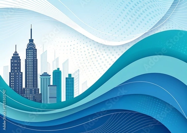 Fototapeta Modern cityscape with flowing blue waves and abstract background