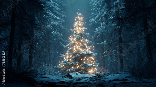 Fototapeta Magical Snow-Covered Christmas Tree in Forest with Twinkling Lights