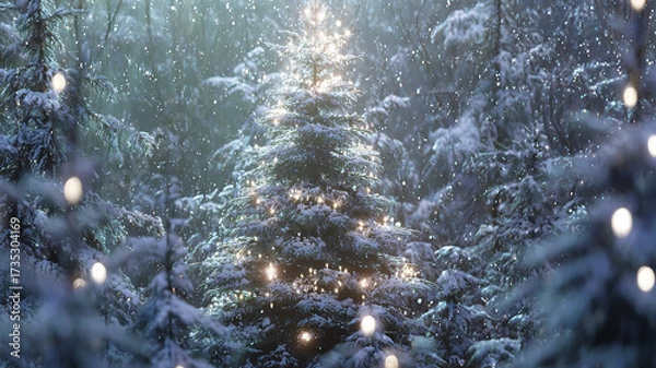 Fototapeta Snow-Covered Christmas Tree in Forest with Sparkling Lights and Magical Glow