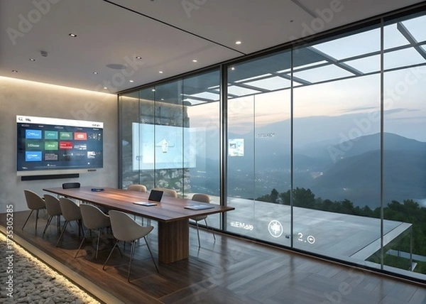 Fototapeta Modern conference room with panoramic mountain views and digital display