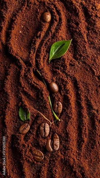 Obraz Coffee Grounds with Green Leaves and Beans