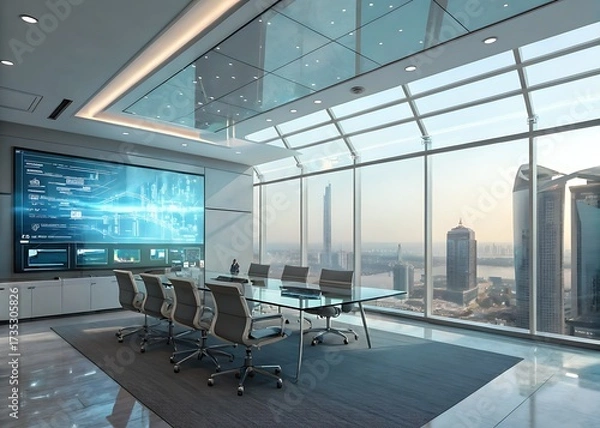 Fototapeta Modern conference room with digital display and city view