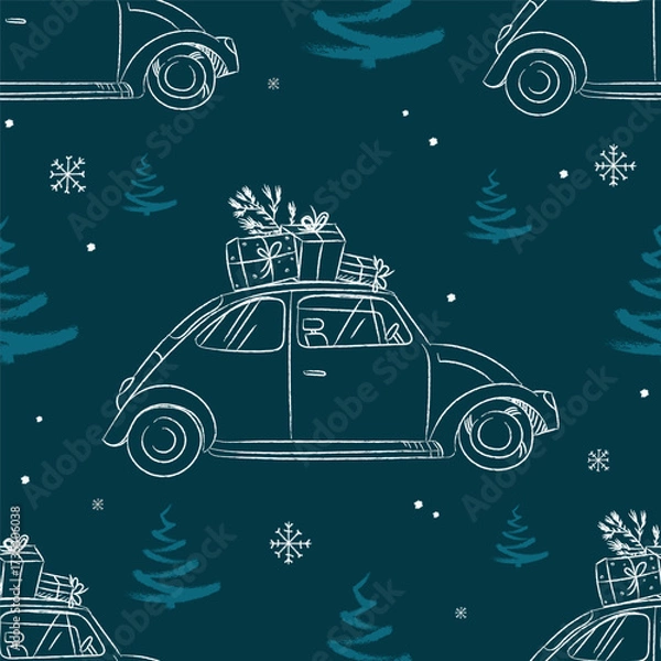 Fototapeta Christmas Seamless pattern with hand drawn cars carrying Christmas presents, snowflakes and pine trees for holiday wrapping paper, festive textiles, greeting cards, and seasonal backgrounds. Vector