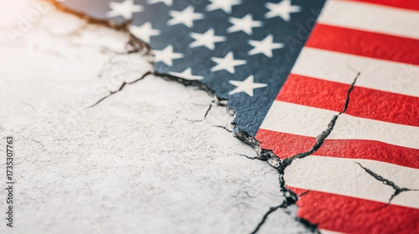 Fototapeta Cracked flag painted on rough textured surface with visible fractures and worn colors creating distressed and aged appearance