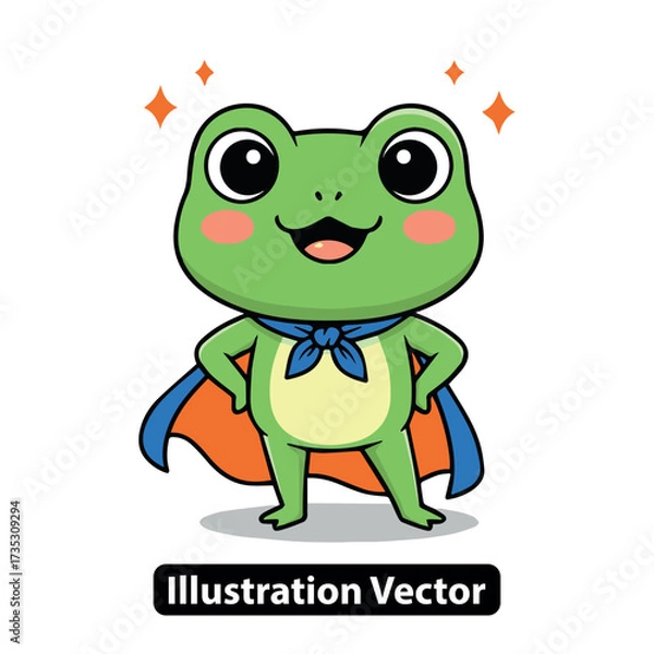 Fototapeta Adorable green cartoon frog character wearing a blue superhero cape and a charming smile
