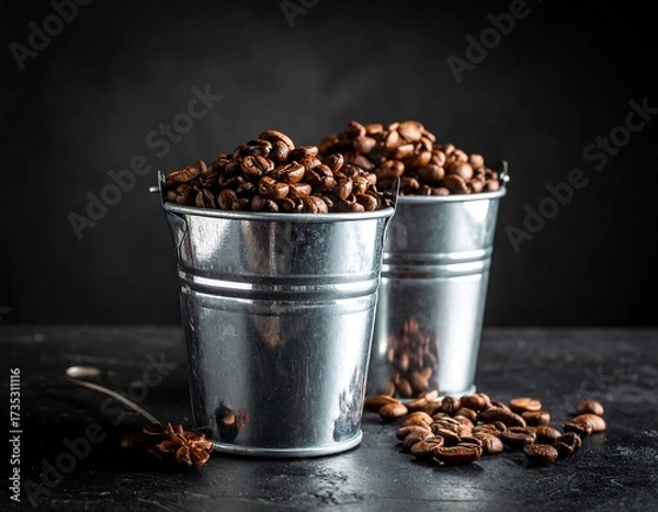 Obraz Two metal buckets filled with coffee beans on a dark surface