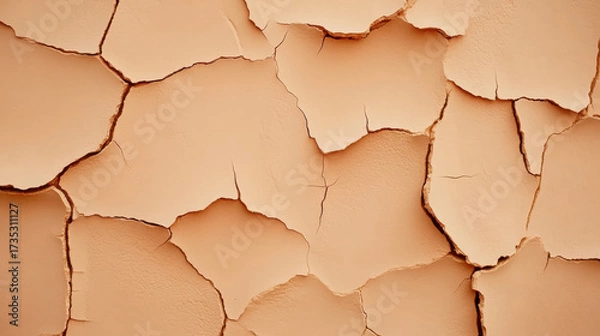 Fototapeta Cracked desert landscape with dry earth showing deep fissures and peeling layers under warm light, evoking dryness and heat