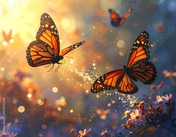 Obraz Two Monarch butterflies in flight, surrounded by glowing light and flowers