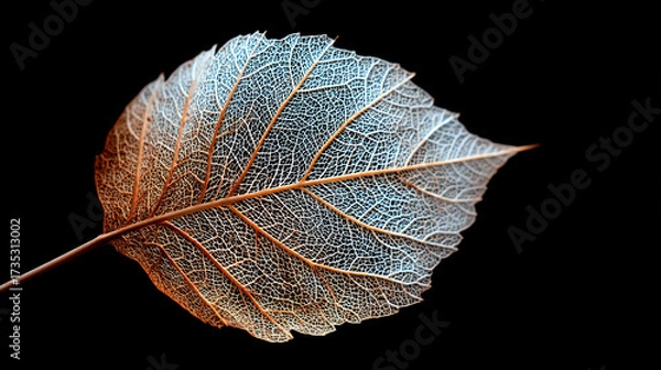 Fototapeta A detailed close up of a leaf skeleton against a stark black background showing intricate veins