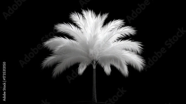 Fototapeta Isolated white palm tree with feathery leaves against a stark black background in monochrome style