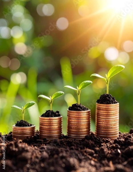 Obraz Coins with growing plants in soil