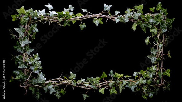 Fototapeta Ivy frame with green leaves and brown branches against a stark black background creating a border effect