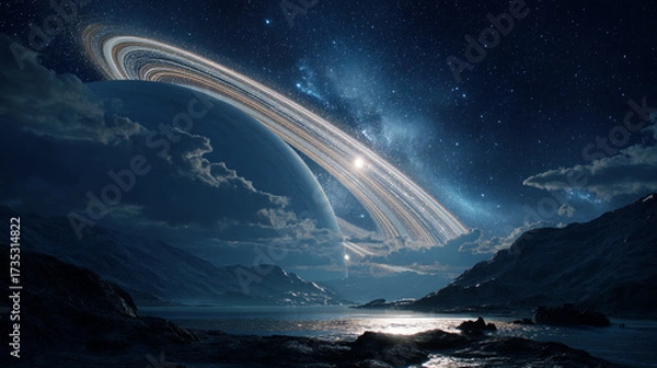 Fototapeta A celestial landscape with a ringed planet visible above mountains and a reflective body of water