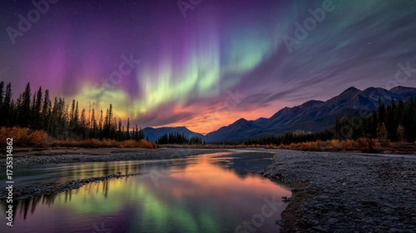Fototapeta Aurora borealis reflecting in a river surrounded by trees and mountains at dusk or dawn time