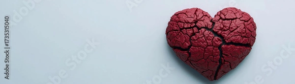 Fototapeta Cracked red heart symbolizing heartbreak and emotional pain on light background, conveying sadness and loss