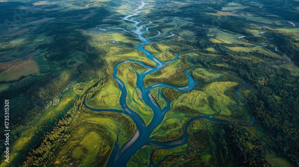Fototapeta Aerial view of a braided river system flowing through a lush green landscape with trees and vegetation