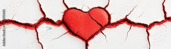 Fototapeta Cracked red heart symbolizing heartbreak and emotional pain with deep fissures spreading on white surface, evoking feelings of sadness and loss