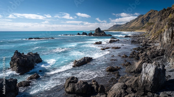 Fototapeta Scenic view of rocky coastline with turquoise ocean waves and mountains under a cloudy blue sky