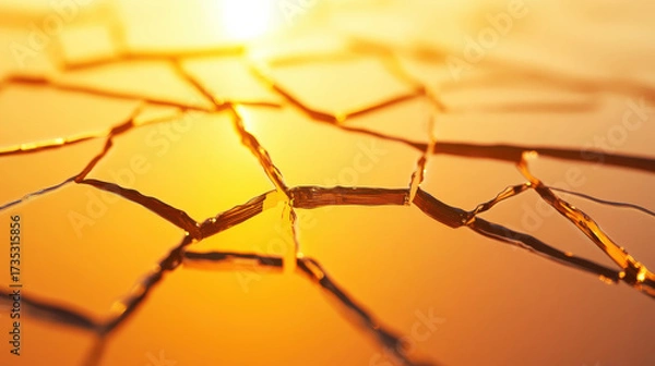 Fototapeta Cracked surface with glowing orange light shining through broken glass creates warm and dramatic effect