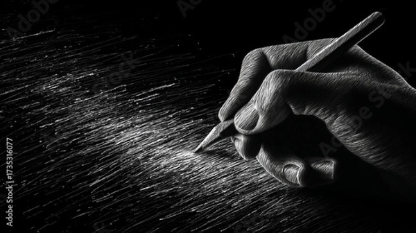 Fototapeta A hand holding a pencil writing or drawing on a dark surface with light strokes in monochrome art